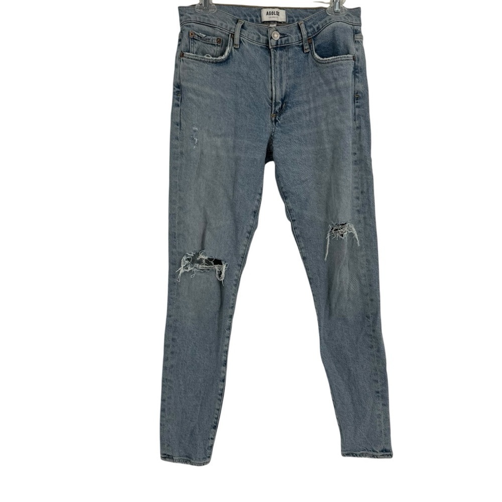 AGOLDE Sophie Skinny Blue Destroyed Knee Distressed High-Rise Jeans Size 28